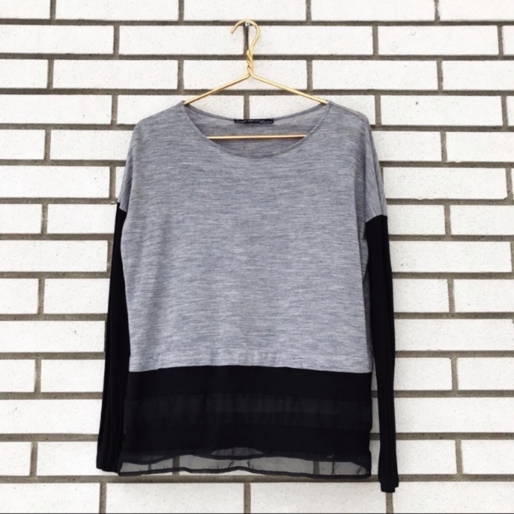 Zara Collection Gray Black Mixed Media Knit Top Sheer Chiffon Hem Size M